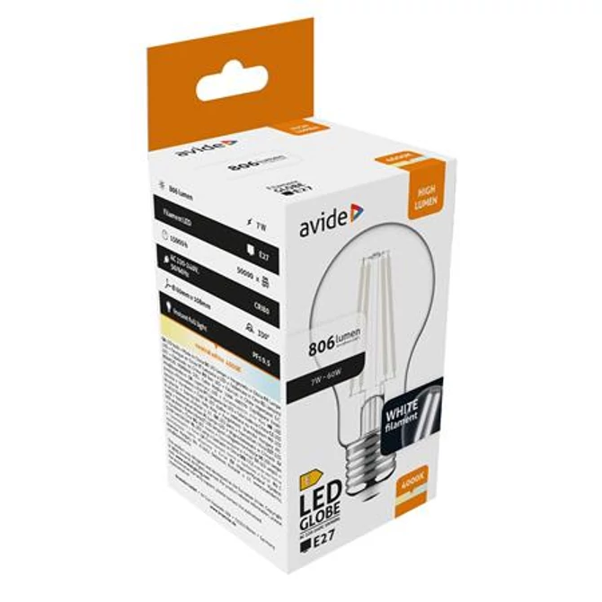 LED izzó, filament, E27, gömb, A60, 7W, 806lm, 4000K, AVIDE