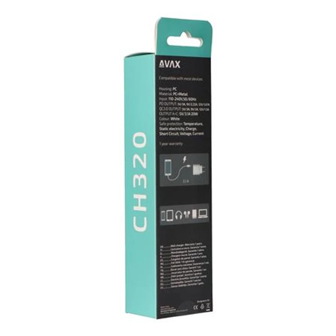 Hálózati töltő, USB-A + USB-C, 20W, AVAX 