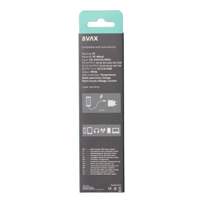 Hálózati töltő, USB-A + USB-C, 20W, AVAX 