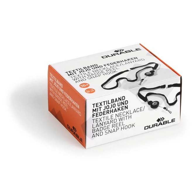 Azonosítókártya-tartó, kihúzható, patentos, fekete nyakba akasztóval, DURABLE, 10db/cs