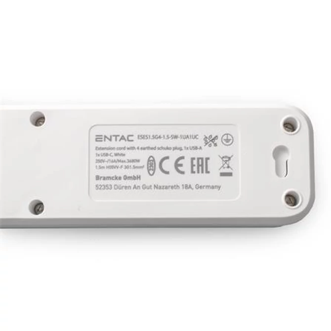 Elosztósor, 4 aljzat, 1,5 m, USB, kapcsolóval, ENTAC, fehér