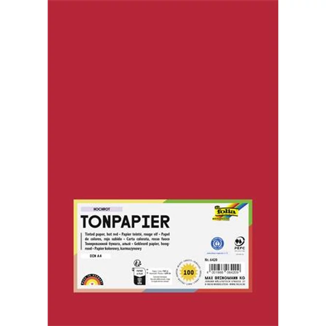 Színes papír, A4, 130 g, 100 lap, FOLIA, élénkvörös
