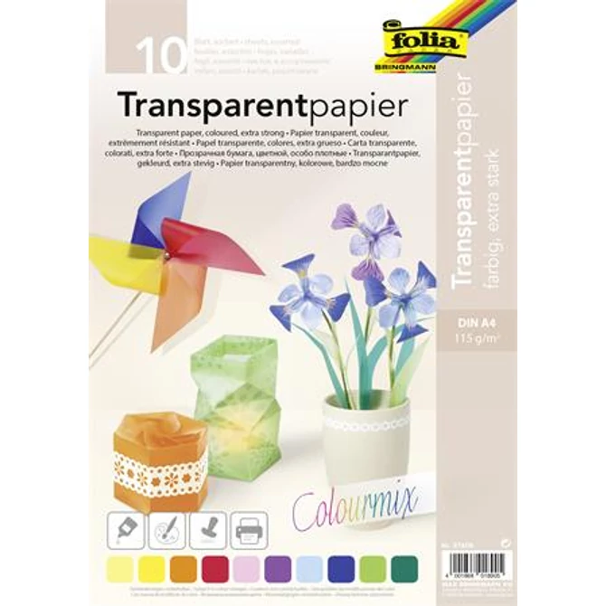 Transzparens papír, A4, 115 g, 10 lap, FOLIA, vegyes színek