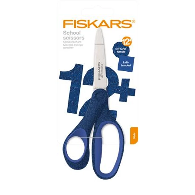 Olló, iskolai, 18 cm, balkezes, FISKARS, csillámos kék