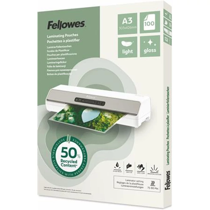 Meleglamináló fólia, 80 mikron, A3, fényes, 100 db, FELLOWES 