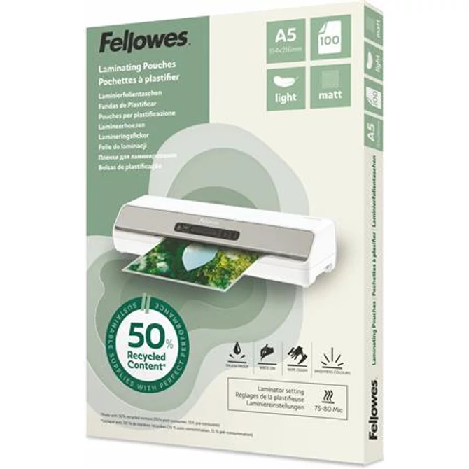 Meleglamináló fólia, 80 mikron, A5, matt, 100 db, FELLOWES 