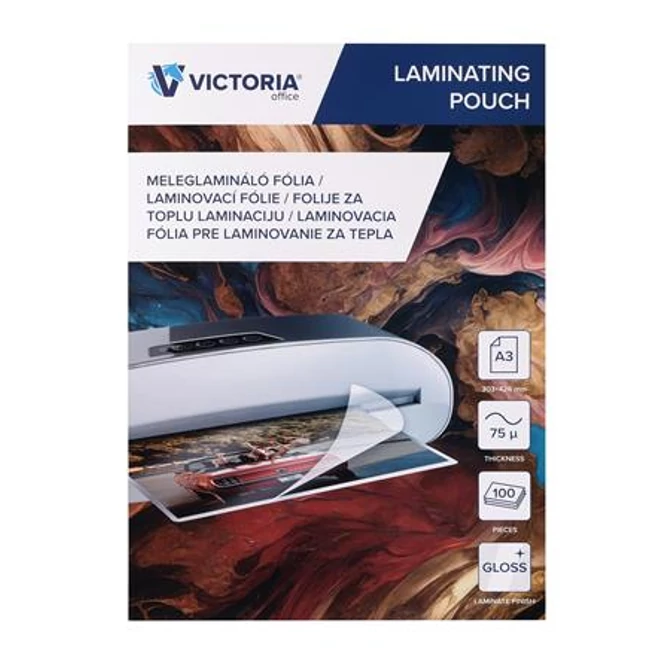 Meleglamináló fólia, 75mikron, A3, fényes, VICTORIA, 100db/cs