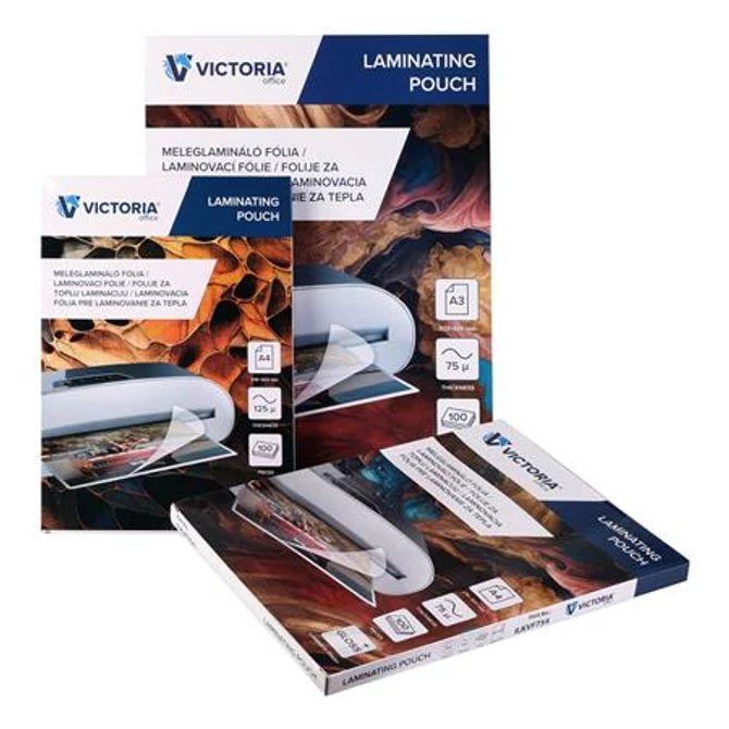 Meleglamináló fólia, 75mikron, A3, fényes, VICTORIA, 100db/cs