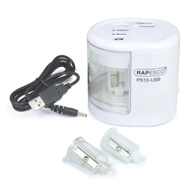 Hegyező, kétlyukú, asztali, elemes, USB töltővel, RAPESCO