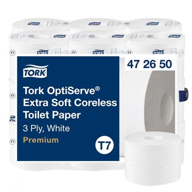 Toalettpapír, belsőmag nélküli, T7 rendszer, 3 rétegű, 13,1 cm átmérő, Premium, TORK 