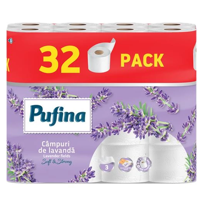 Toalettpapír, 3 rétegű, kistekercses, 32 tekercs, PUFINA 