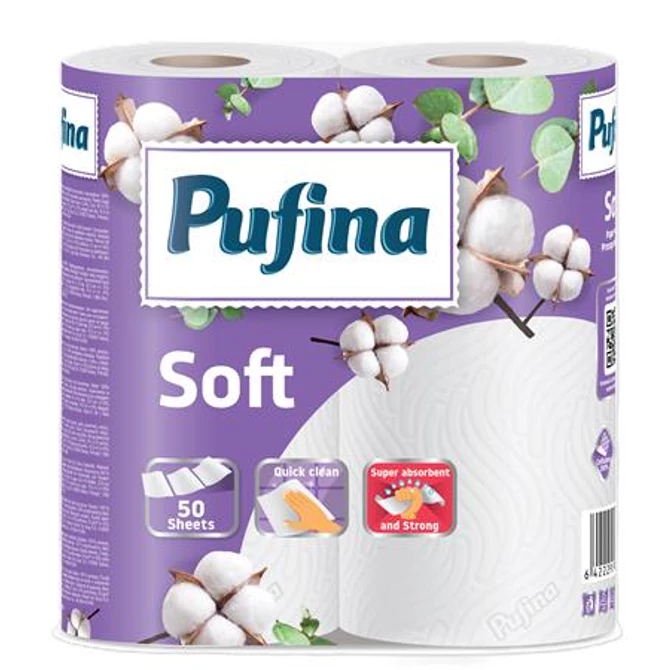 Háztartási papírtörlő, 2 rétegű, 50 lap, 2 tekercses, PUFINA 