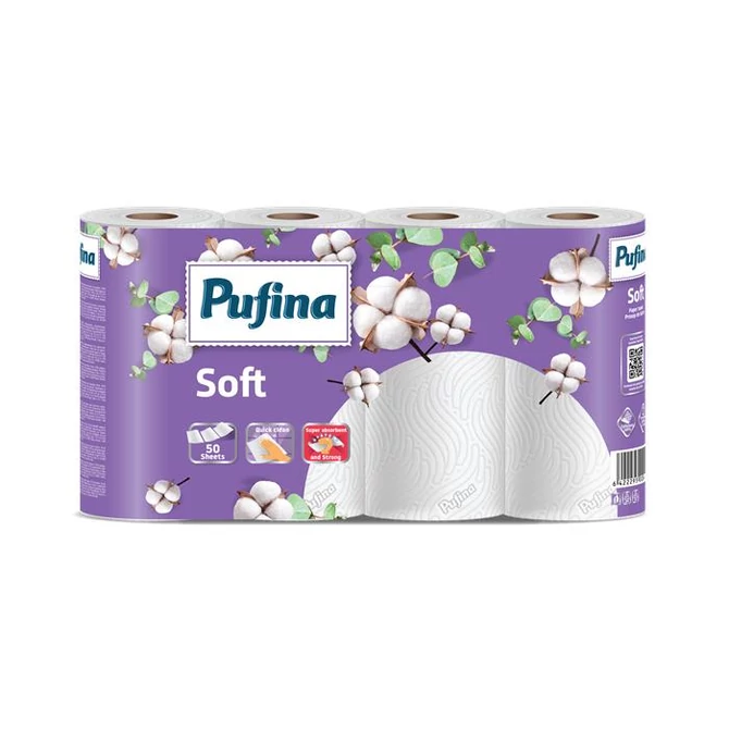 Háztartási papírtörlő, 2 rétegű, 50 lap, 4 tekercses, PUFINA 