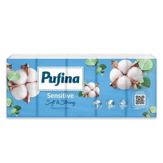 Papír zsebkendő, 3 rétegű, 10x10 db, PUFINA 