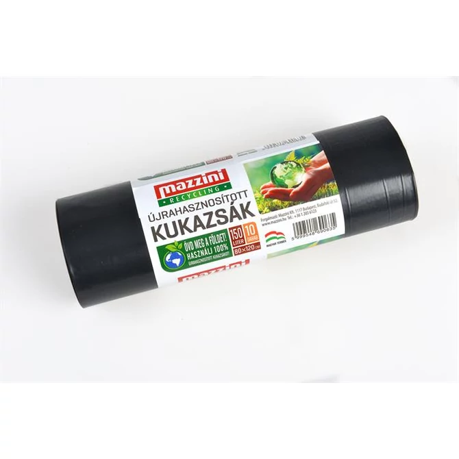 Nagykukazsák, újrahasznosított, 150 l, 10 db, 80x120 cm, 25 µ,  MAZZINI, fekete