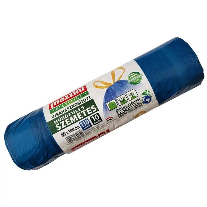 Szemeteszsák, újrahasznosított húzófüles, 110 l, 10 db, 60x100 cm, 28 µ, MAZZINI, kék