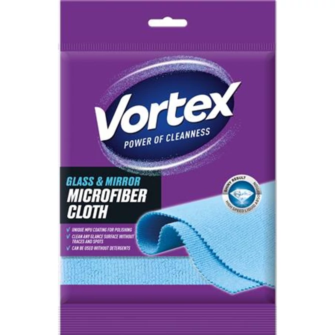 Törlőkendő, mikroszálas, üveg és tükör felületre, 35x35 cm, 1 db, VORTEX, kék