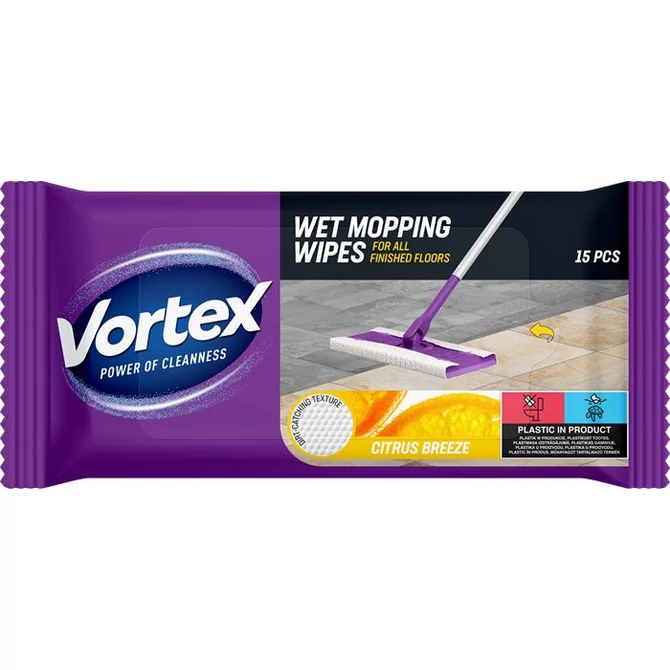 Nedves padlótörlő kendő, 15 db, VORTEX, citrom ilattal