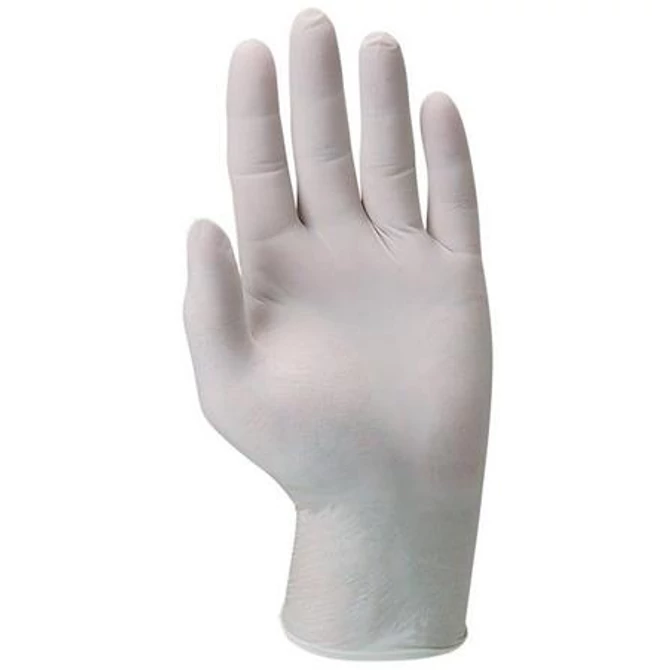 Védőkesztyű, 1x használatos, latex, L/10-es méret, púderezett, 100db/doboz