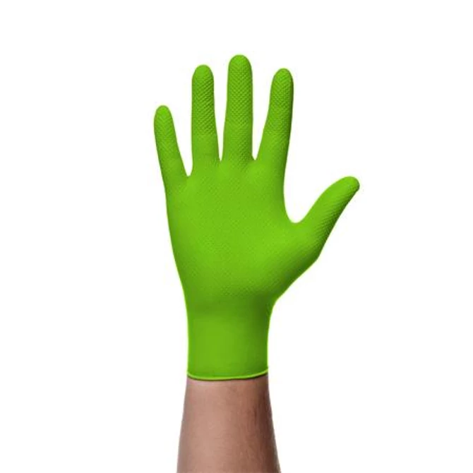 Védőkesztyű, egyszer használatos, nitril, M méret, 50 db, púder nélküli, gyémánt textúrált megerősített, zöld