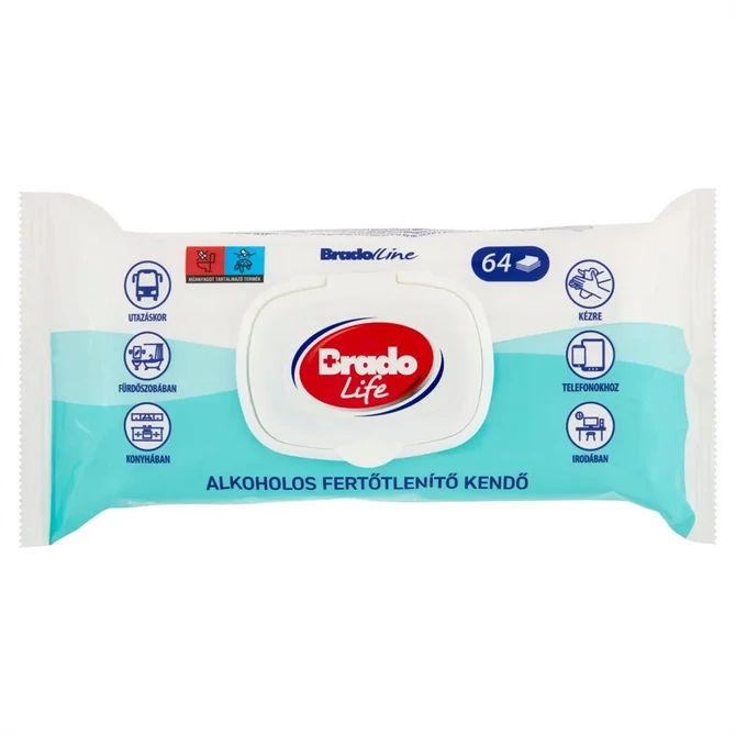 Nedves törlőkendő fertőtlenítő hatással, 64 lap/csomag Bradolife