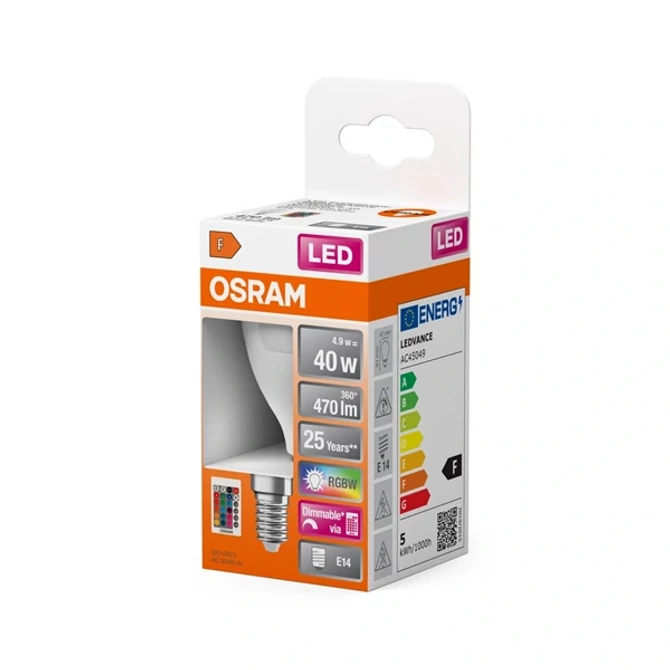 Osram Star+ RGBW/matt búra/5,5W/470lm/2700K/E14 távirányítható LED kisgömb izzó