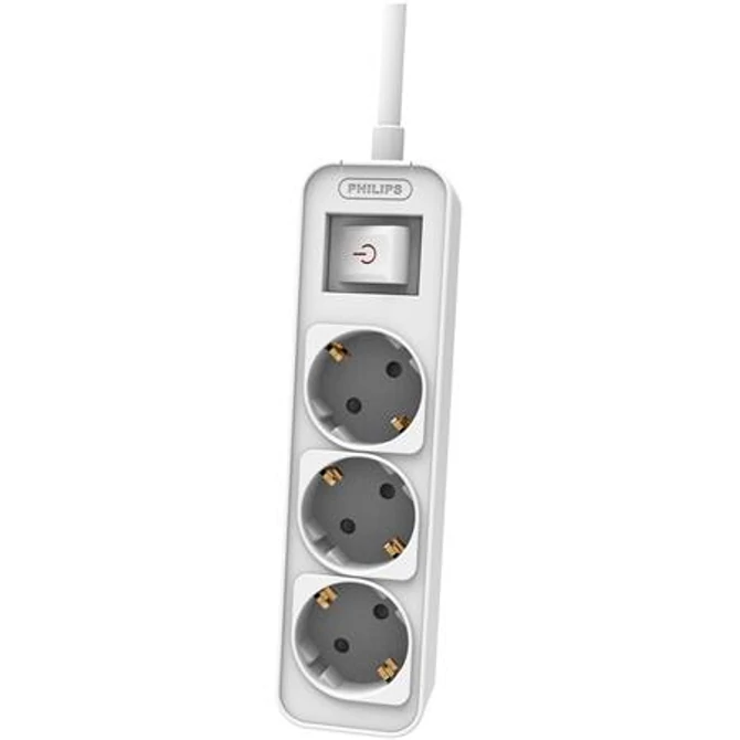 Elosztósor, 3 csatlakozóaljzat, 1,5 m kábel, PHILIPS, fehér