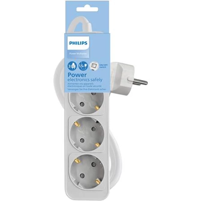Elosztósor, 3 csatlakozóaljzat, 1,5 m kábel, PHILIPS, fehér