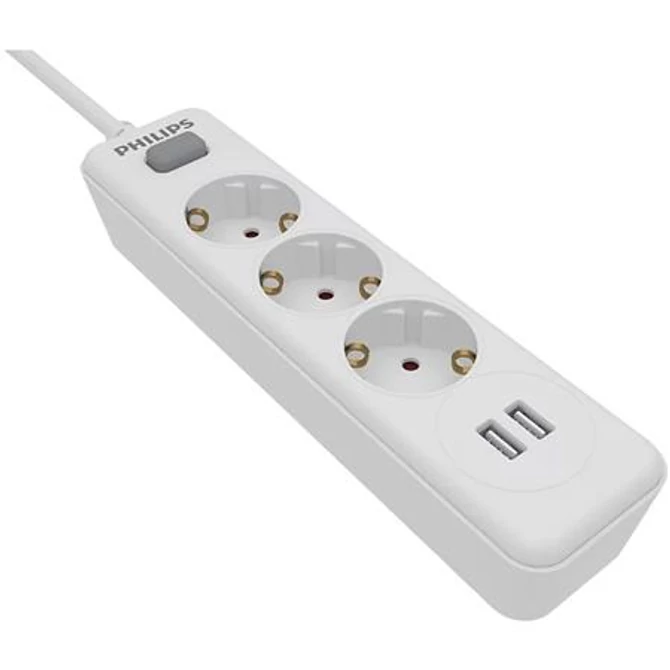 Elosztósor, 3 csatlakozóaljzat, 2xUSB-A, 2 m kábel, PHILIPS, fehér