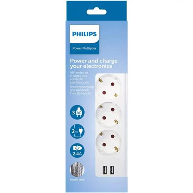 Elosztósor, 3 csatlakozóaljzat, 2xUSB-A, 2 m kábel, PHILIPS, fehér