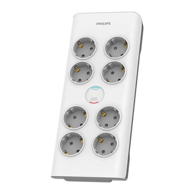 Elosztósor, 8 csatlakozóaljzat, túlfeszültség-védelemmel, 2 m kábel, PHILIPS, fehér