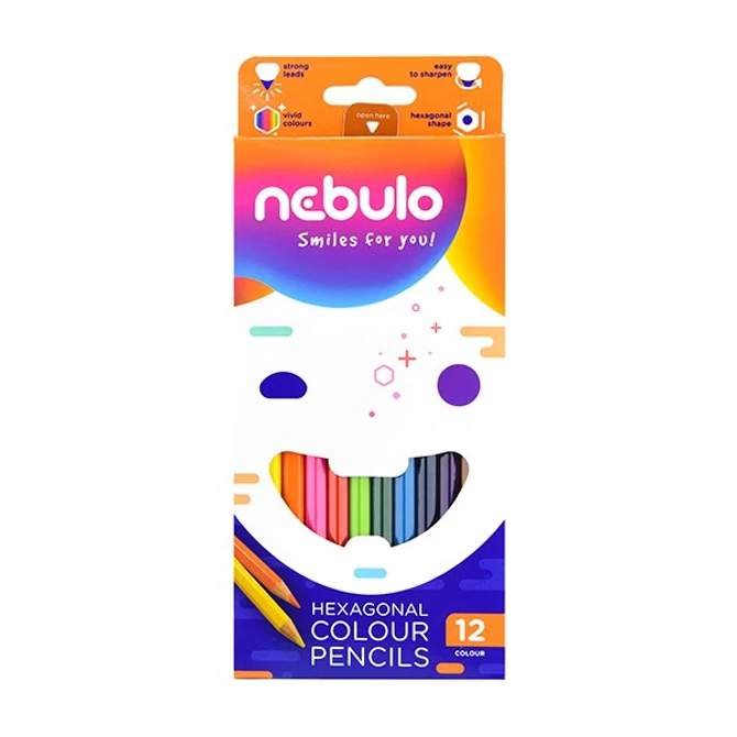 Színes ceruza készlet, hatszögletű, NEBULO, 12 különböző szín