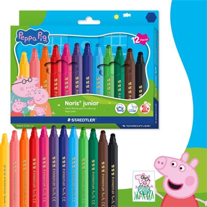 Filctoll készlet, 2,5 mm, kimosható, jumbo, STAEDTLER „Noris® junior 329”, Peppa malac, 12 szín