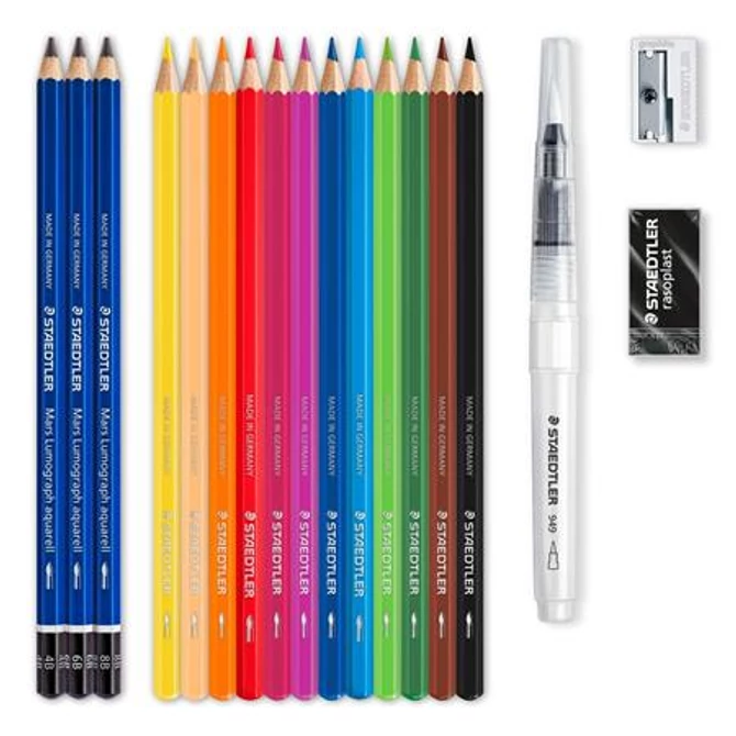 Akvarell ceruza készlet, ecsettel, radírral, hegyezővel, grafitceruzával, STAEDTLER 