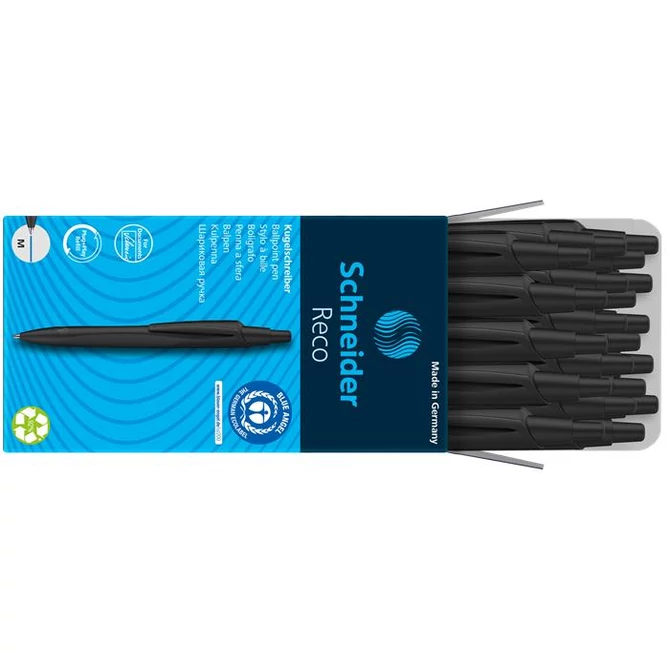 Golyóstoll, 0,5mm, nyomógombos, fekete színű tolltest, SCHNEIDER „Reco”, kék,