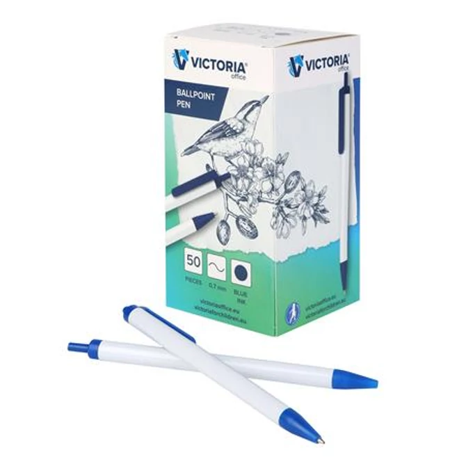 Golyóstoll, 0,7mm, nyomógombos, kék-fehér tolltest, VICTORIA, kék, 50db/cs