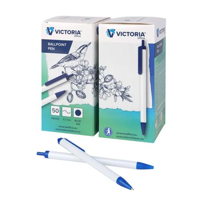 Golyóstoll, 0,7mm, nyomógombos, kék-fehér tolltest, VICTORIA, kék, 50db/cs