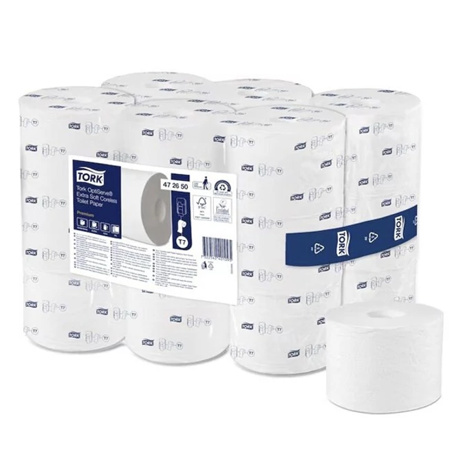 Toalettpapír, belsőmag nélküli, T7 rendszer, 3 rétegű, 13,1 cm átmérő, Premium, TORK 