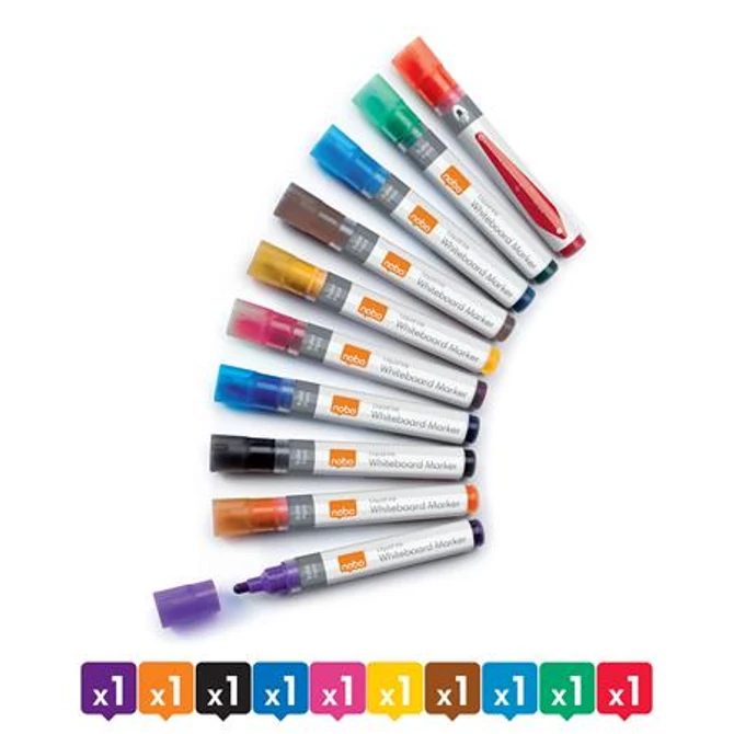 Táblamarker, folyékonytintás, kúpos, 1-3mm, NOBO, vegyes színek, 10db/cs