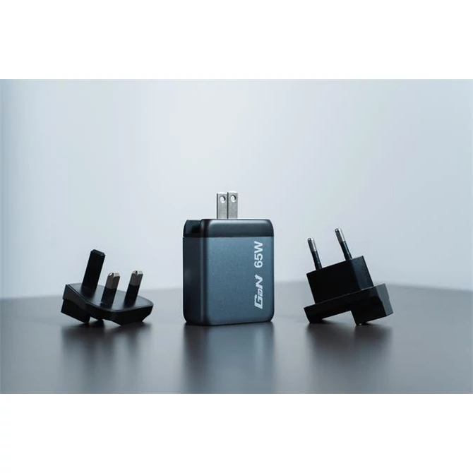 Hálózati töltő, 2xUSB-C PD (65W), USB-A QC 3.0, EU/UK/US, GaN, VERBATIM