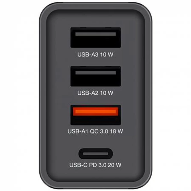 Hálózati töltő, 1xUSB-C PD (20W), USB-A QC 3.0, 2xUSB-A (10W), VERBATIM, fekete