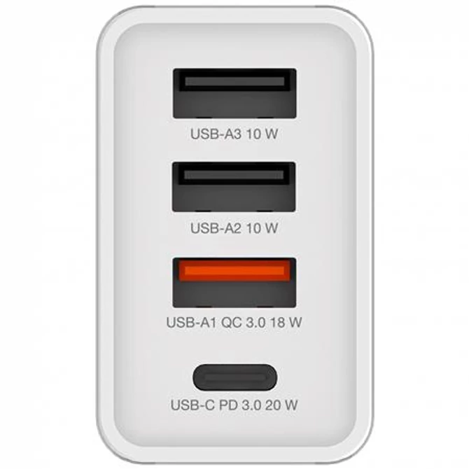 Hálózati töltő, 1xUSB-C PD (20W), USB-A QC 3.0, 2xUSB-A (10W), VERBATIM, fehér