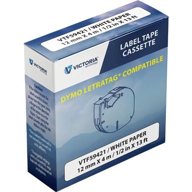 Feliratozógép szalag, papír, 12 mm x 4 m, VICTORIA TECHNOLOGY, fehér