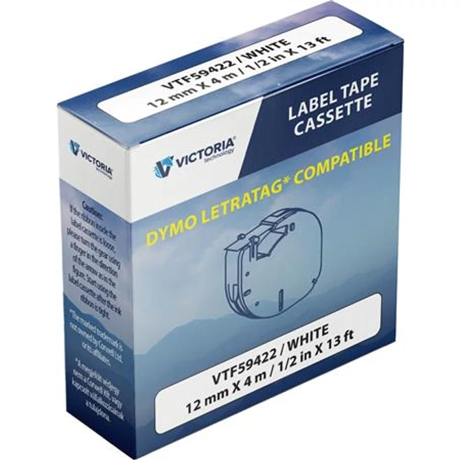 Feliratozógép szalag, 12 mm x 4 m, VICTORIA TECHNOLOGY, fehér
