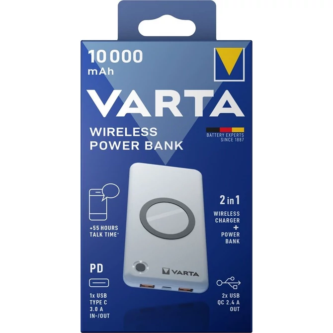 Vezeték nélküli PD/QC töltő, max. 18W, hordozható akkumulátor 10000mAh, VARTA